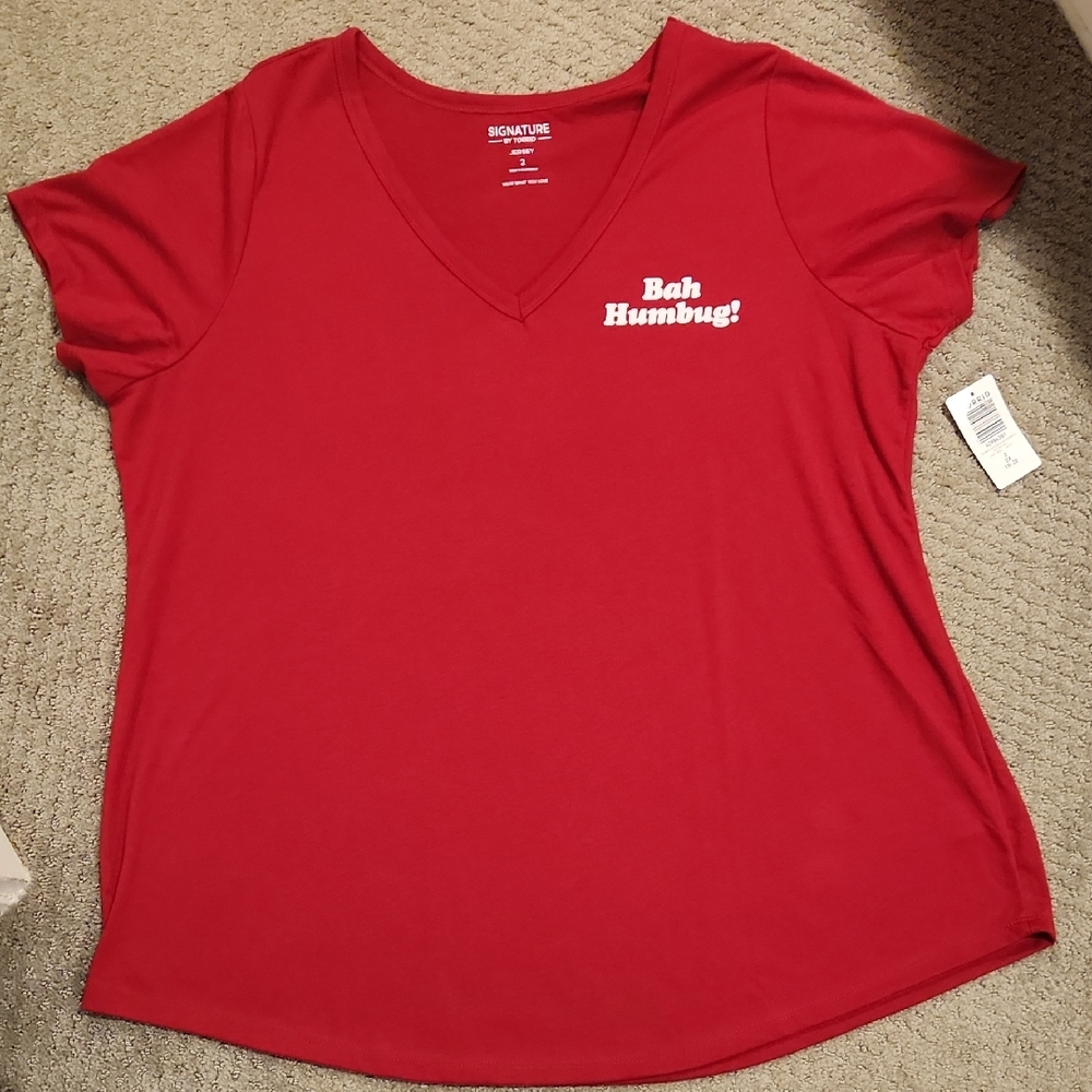 NEW Signature Red V-Neck Tee with "Bah Humbug!" Chest Print